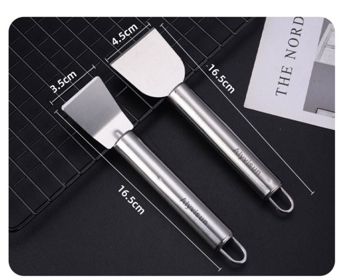 2PCS Stainless Steel Small Cleaning Spatula Multifunctional Kitchen Household Gadgets Refrigerator Defrosting Ice Scoop Round Handle Grease Spatula For Oven Stove Scraper
