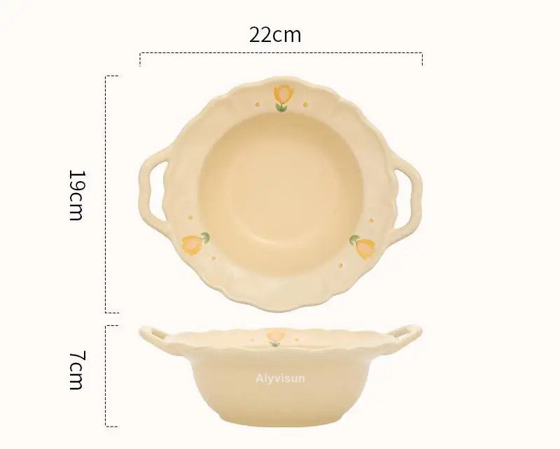 French Style 8.5-Inch Spaghetti Ceramic Bowl – Daily Use Cute Solid Color Bowl with Flower Pattern, Ideal for Restaurant, Fruit, and Breakfast Tableware