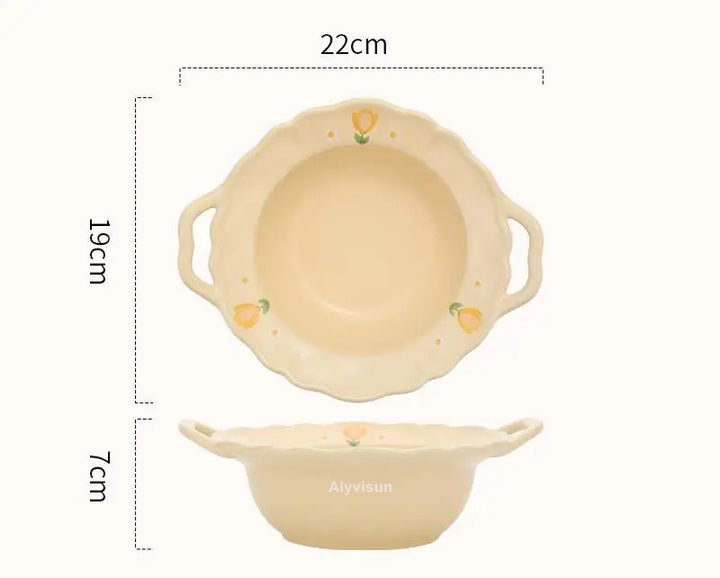 French Style 8.5-Inch Spaghetti Ceramic Bowl – Daily Use Cute Solid Color Bowl with Flower Pattern, Ideal for Restaurant, Fruit, and Breakfast Tableware