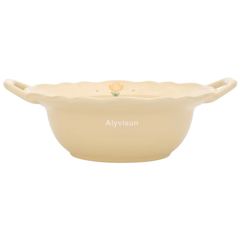 French Style 8.5-Inch Spaghetti Ceramic Bowl – Daily Use Cute Solid Color Bowl with Flower Pattern, Ideal for Restaurant, Fruit, and Breakfast Tableware