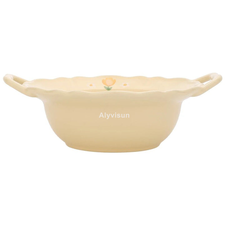French Style 8.5-Inch Spaghetti Ceramic Bowl – Daily Use Cute Solid Color Bowl with Flower Pattern, Ideal for Restaurant, Fruit, and Breakfast Tableware