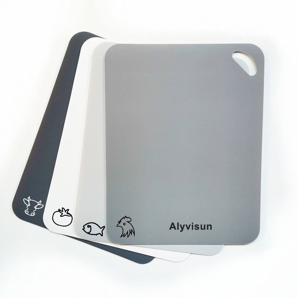 Plastic Cutting Board Flexible Mats With Food Icons, Set of 4, BPA-Free, Non-Porous, Upgrade 100% Anti-skid back and Dishwasher Safe, Modern Neutral Colors