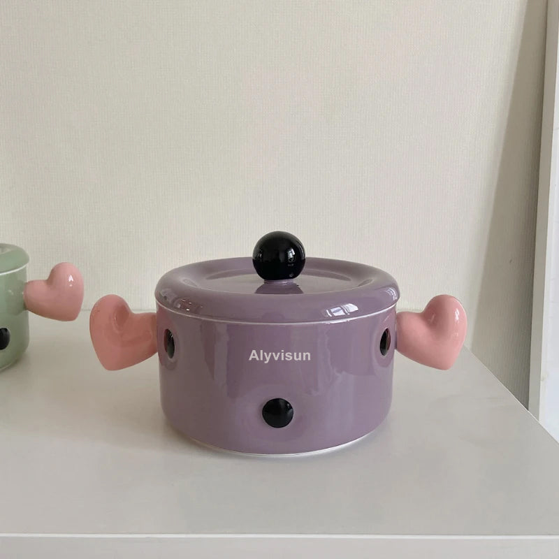 Ceramic Bowl with Cover Creative Sweet Household Porcelain Dinnerware Noodles Soup Fruit Salad Dessert Bowls