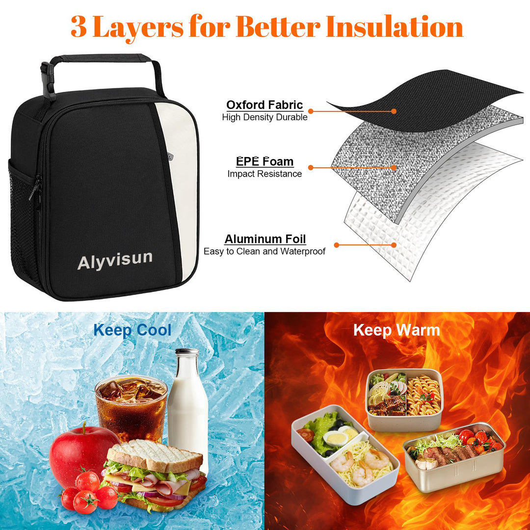 Alyvisun Insulated Lunch Bag, 7L Reusable Leakproof Lunch Box Bag for Women With Snap On Carrying Handle, For Women Men Children Outdoor Picnic Work (Black)