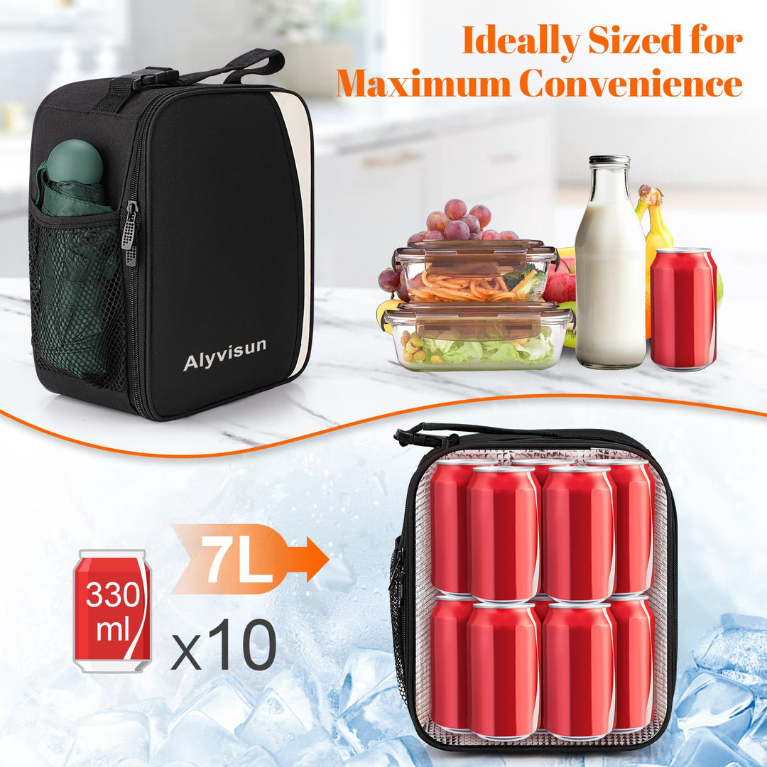 Alyvisun Insulated Lunch Bag, 7L Reusable Leakproof Lunch Box Bag for Women With Snap On Carrying Handle, For Women Men Children Outdoor Picnic Work (Black)