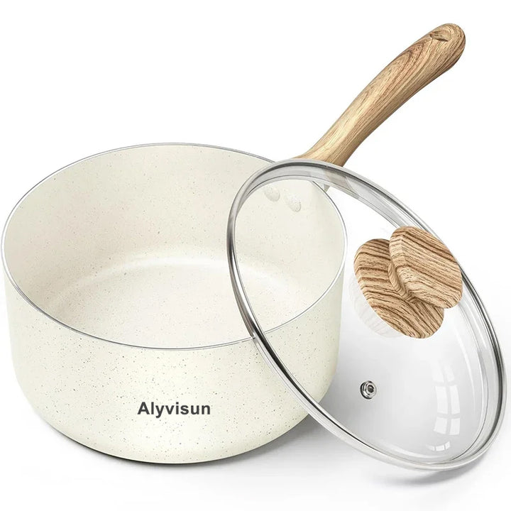 3QT Granite Coatings Nonstick Pan Home Cooking Soup Pot Dishwasher-Safe Milk Pot with Wooden Handle Kitchenware