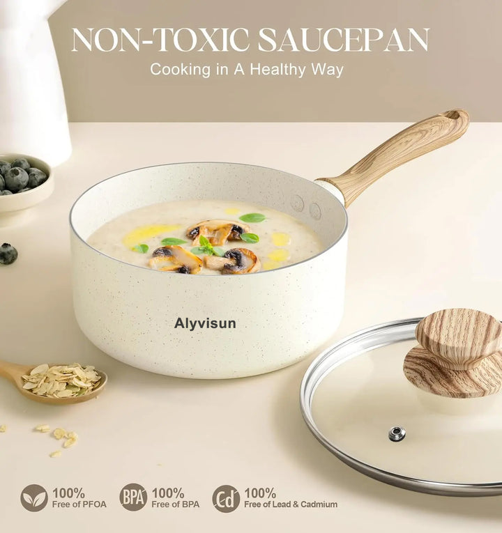 3QT Granite Coatings Nonstick Pan Home Cooking Soup Pot Dishwasher-Safe Milk Pot with Wooden Handle Kitchenware