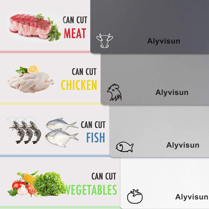 Plastic Cutting Board Flexible Mats With Food Icons, Set of 4, BPA-Free, Non-Porous, Upgrade 100% Anti-skid back and Dishwasher Safe, Modern Neutral Colors