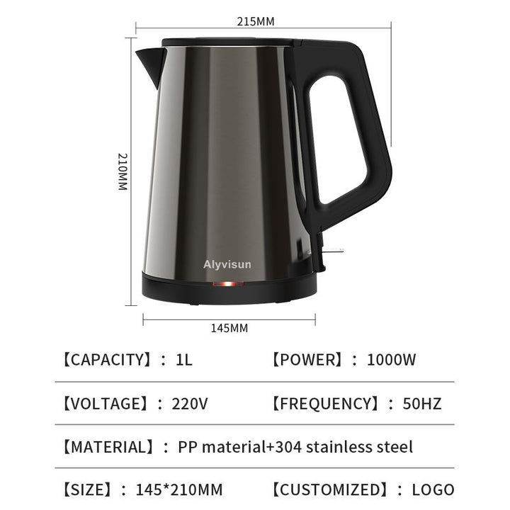 1L Stainless Steel Electric Kettle with Double Wall, Cordless Hot Water Boiler, Simple Design Tea Kettle