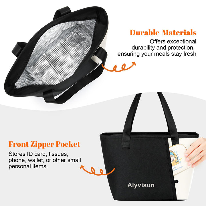 Alyvisun Lunch Bags For Women, Reusable Leakproof Insulated Lunch Bag, 6.5L Lunch Box Bag For School, Outdoor Picnic, Work (Black)