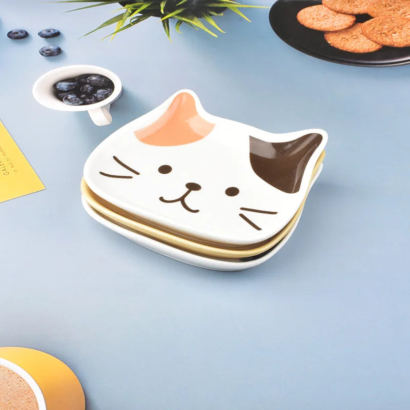 Ceramic Cartoon Cat Plate 6 Inches Cute Cat Face Snack Plate Children's Breakfast Cake Dish Home Kitchen Tableware(orange)