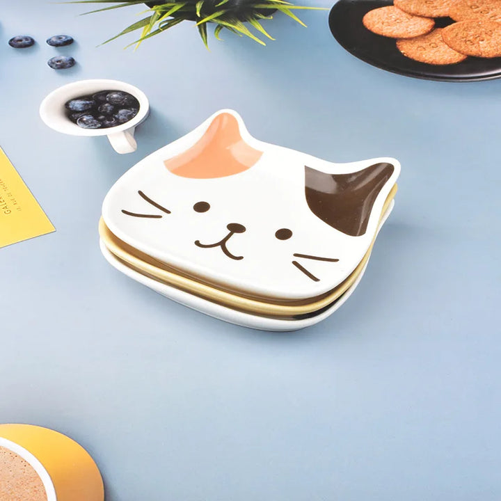 Ceramic Cartoon Cat Plate 6 Inches Cute Cat Face Snack Plate Children's Breakfast Cake Dish Home Kitchen Tableware(orange)