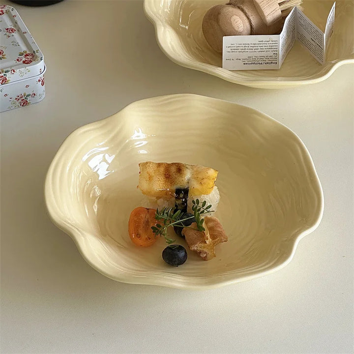 Simple Ruffled 8-Inch Ceramic Plate – Dimensional Relief Design Soup, Noodle, Fruit, Salad & Pasta Deep Bowl for Household Use