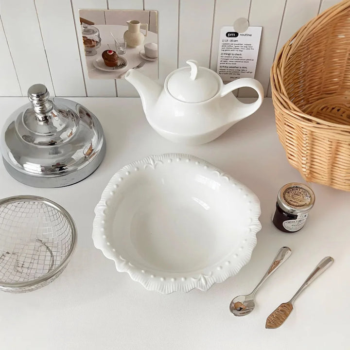 French Style Embossed Lace Ceramic Bowl Household Solid Color Round Simple Fruit Bowl Western Restaurant Salad Tablewares