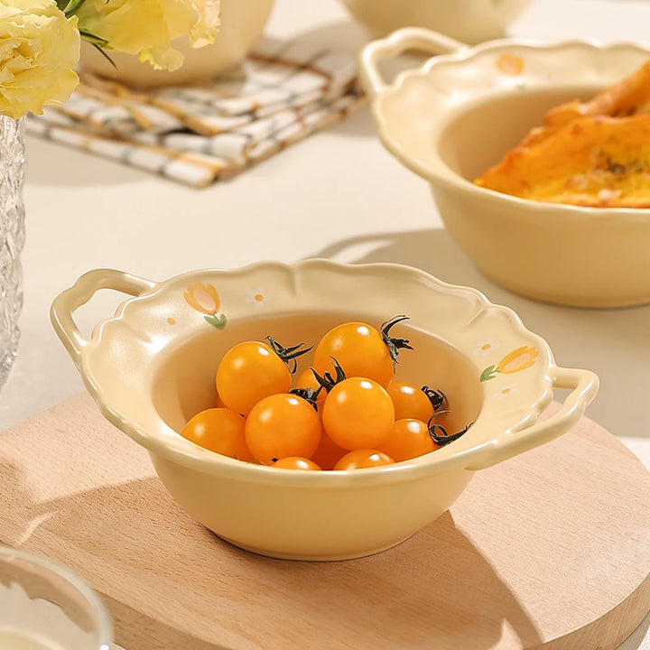 French Style 8.5-Inch Spaghetti Ceramic Bowl – Daily Use Cute Solid Color Bowl with Flower Pattern, Ideal for Restaurant, Fruit, and Breakfast Tableware
