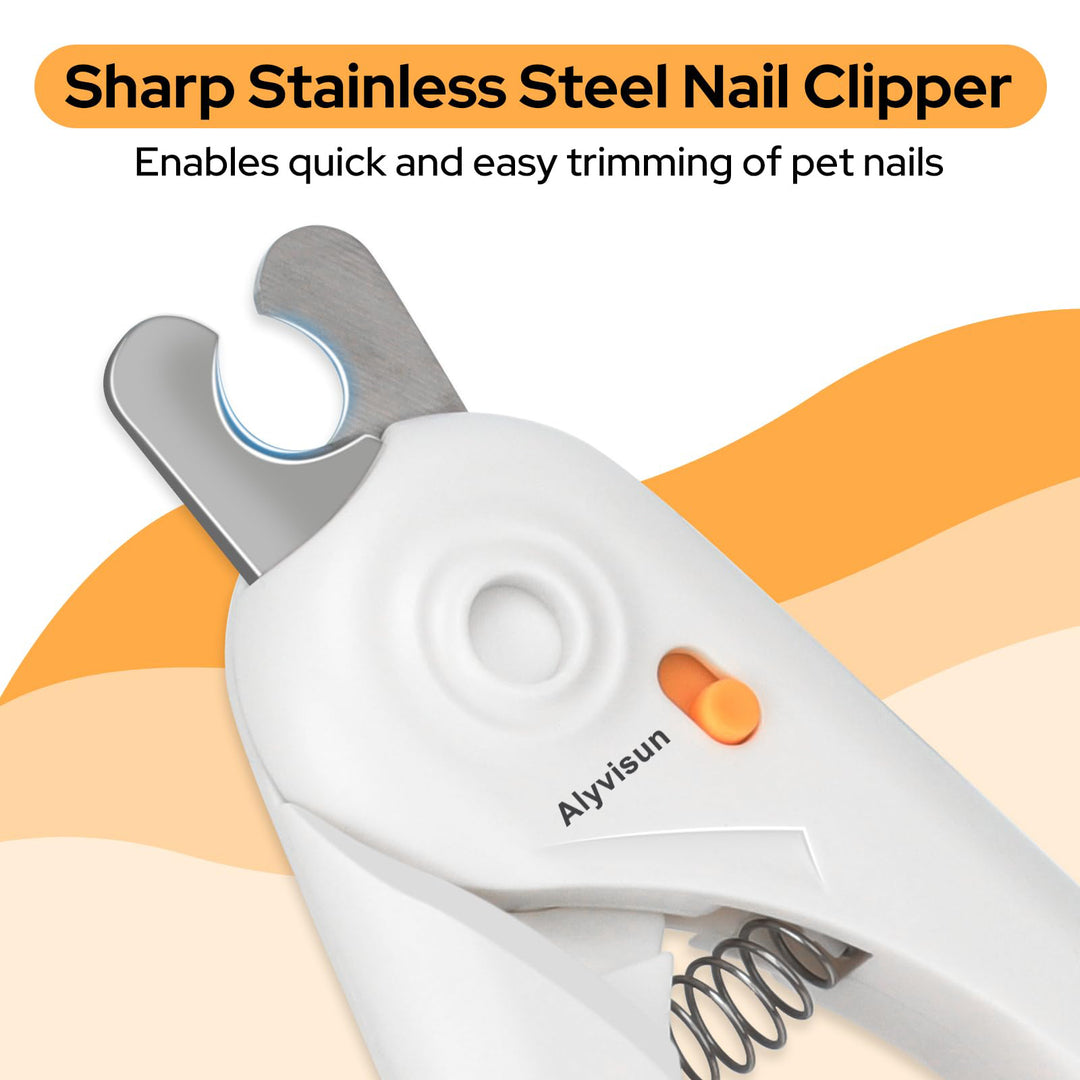 Alyvisun Dog Nail Clippers, Cat Nail Clippers with High LED Lighting, Safety Guard, Nail File and Transparent Splash Guard, for Large, Medium and Small Animals（White Orange）