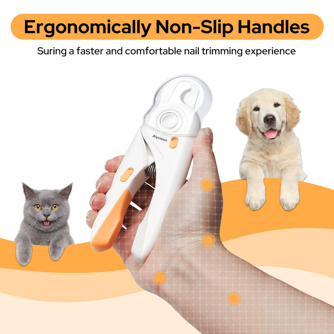 Alyvisun Dog Nail Clippers, Cat Nail Clippers with High LED Lighting, Safety Guard, Nail File and Transparent Splash Guard, for Large, Medium and Small Animals（White Orange）