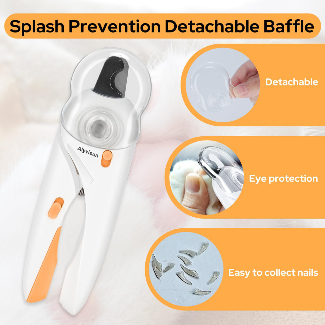 Alyvisun Dog Nail Clippers, Cat Nail Clippers with High LED Lighting, Safety Guard, Nail File and Transparent Splash Guard, for Large, Medium and Small Animals（White Orange）
