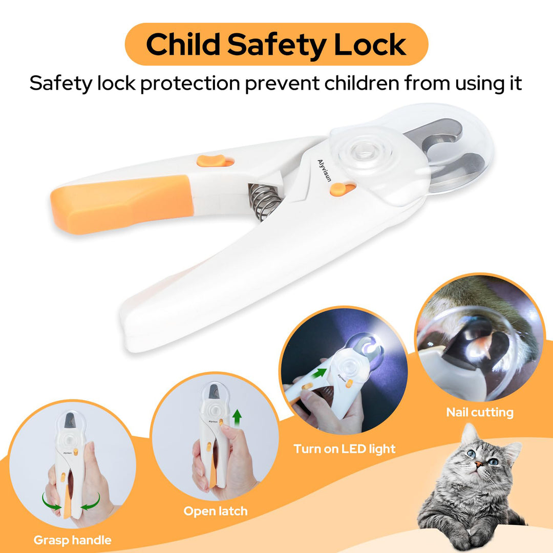 Alyvisun Dog Nail Clippers, Cat Nail Clippers with High LED Lighting, Safety Guard, Nail File and Transparent Splash Guard, for Large, Medium and Small Animals（White Orange）