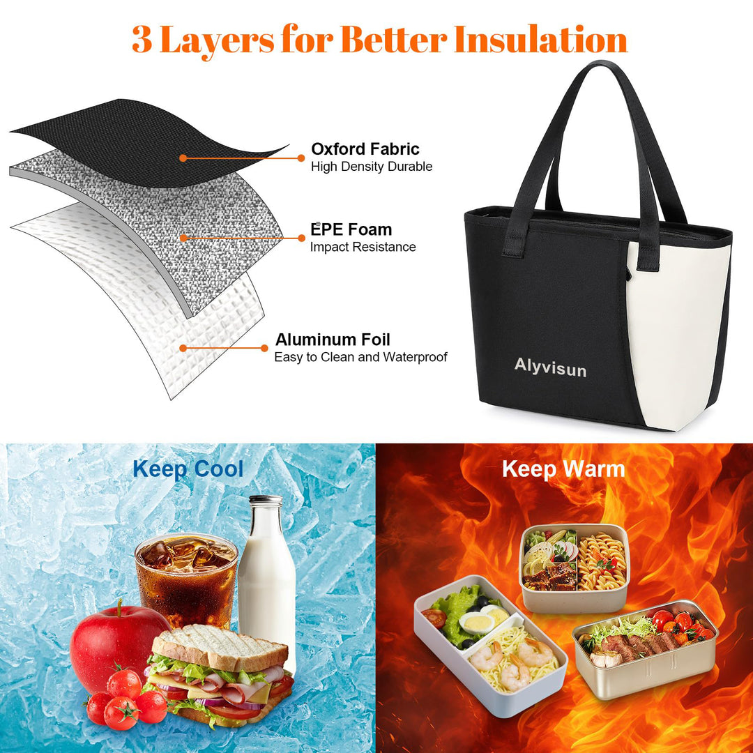 Alyvisun Lunch Bags For Women, Reusable Leakproof Insulated Lunch Bag, 6.5L Lunch Box Bag For School, Outdoor Picnic, Work (Black)