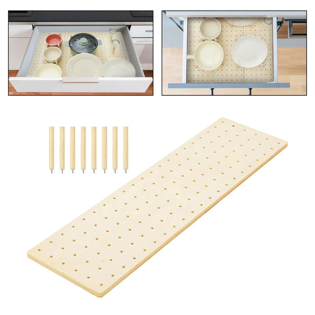 Wood Pegboard Drawer Organizer Plate Holder Sturdy Organization Kitchen Drawer Plate Organizer for Bowls Pot Dishes Tableware