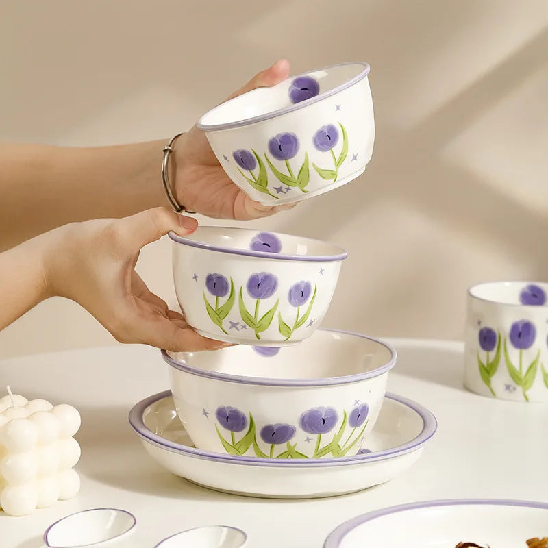 Tulip Nordic Style Tableware Set Printed Ceramic Bowl and Dish Gift Box for Four People