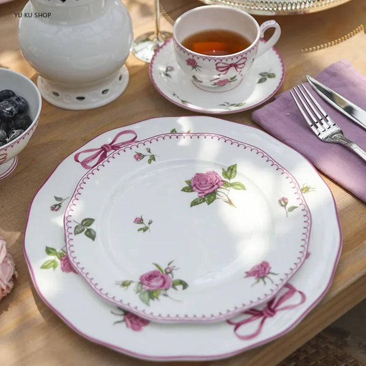 Dinner Plates Pastoral Style Flower Pattern Glazed Colorful Bone China Dinner Plate Decoration Plate-silver_8 inches