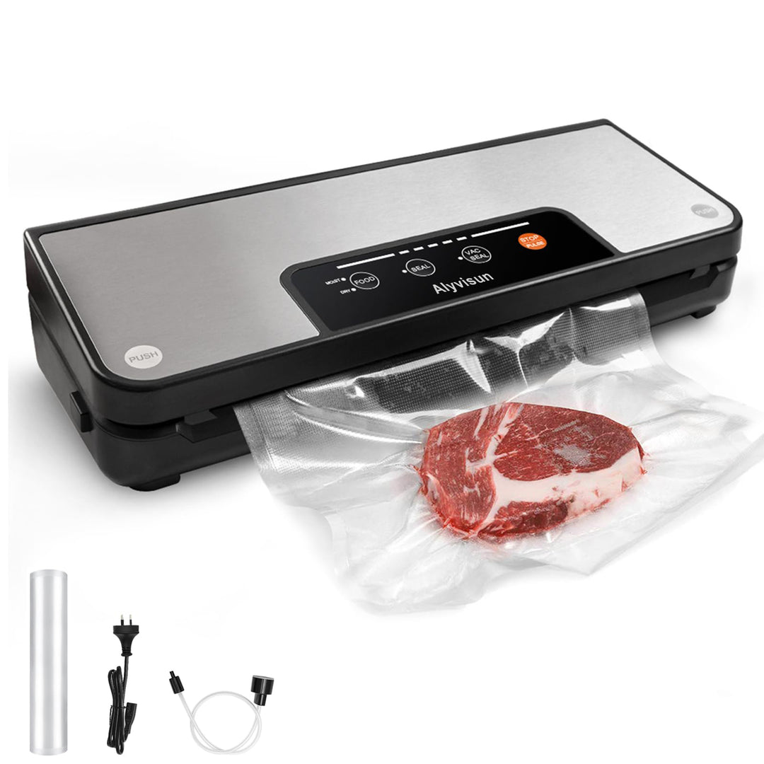 Kitchen Vacuum Sealer Machine, 4 in 1 Automatic Food Saver with Storage Bag Roll, Sous Vide Machine, Dry & Moist Food Modes, Stainless Steel Panel, Led Indicator Lights (Black)