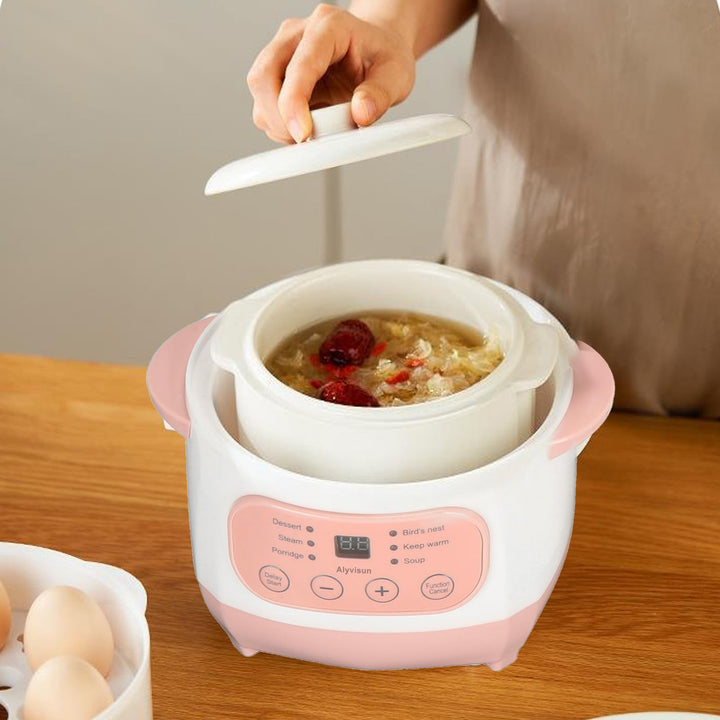 Electric Stew Pot, 1L 200W Appointment Timing Smart Slow Cooker with Steamer & Boil Dry, Automatic Mini Ceramic Pot with Lid, Digital Porridge Soup Pot for Home