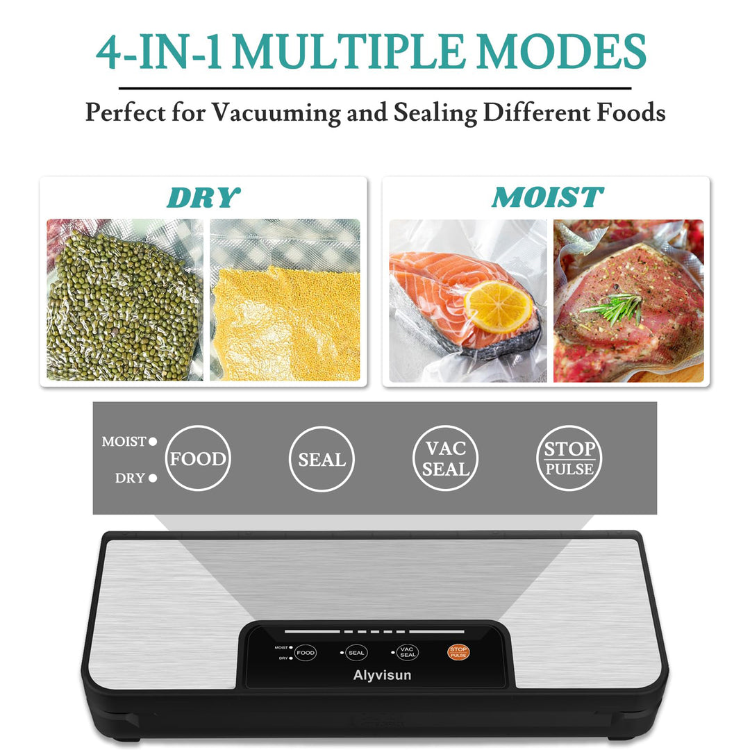Kitchen Vacuum Sealer Machine, 4 in 1 Automatic Food Saver with Storage Bag Roll, Sous Vide Machine, Dry & Moist Food Modes, Stainless Steel Panel, Led Indicator Lights (Black)