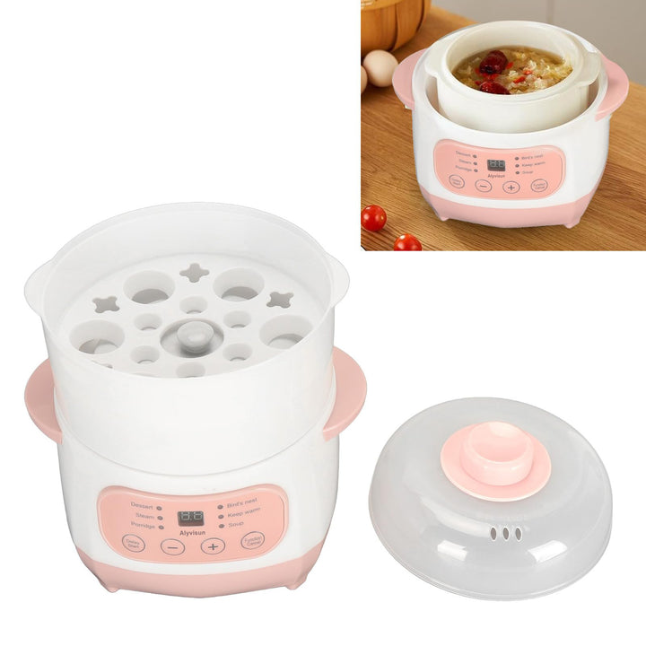 Electric Stew Pot, 1L 200W Appointment Timing Smart Slow Cooker with Steamer & Boil Dry, Automatic Mini Ceramic Pot with Lid, Digital Porridge Soup Pot for Home