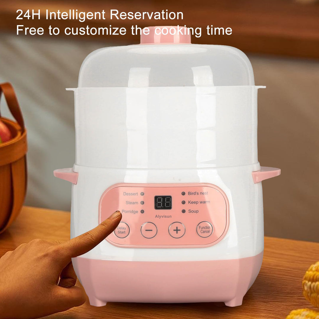 Electric Stew Pot, 1L 200W Appointment Timing Smart Slow Cooker with Steamer & Boil Dry, Automatic Mini Ceramic Pot with Lid, Digital Porridge Soup Pot for Home