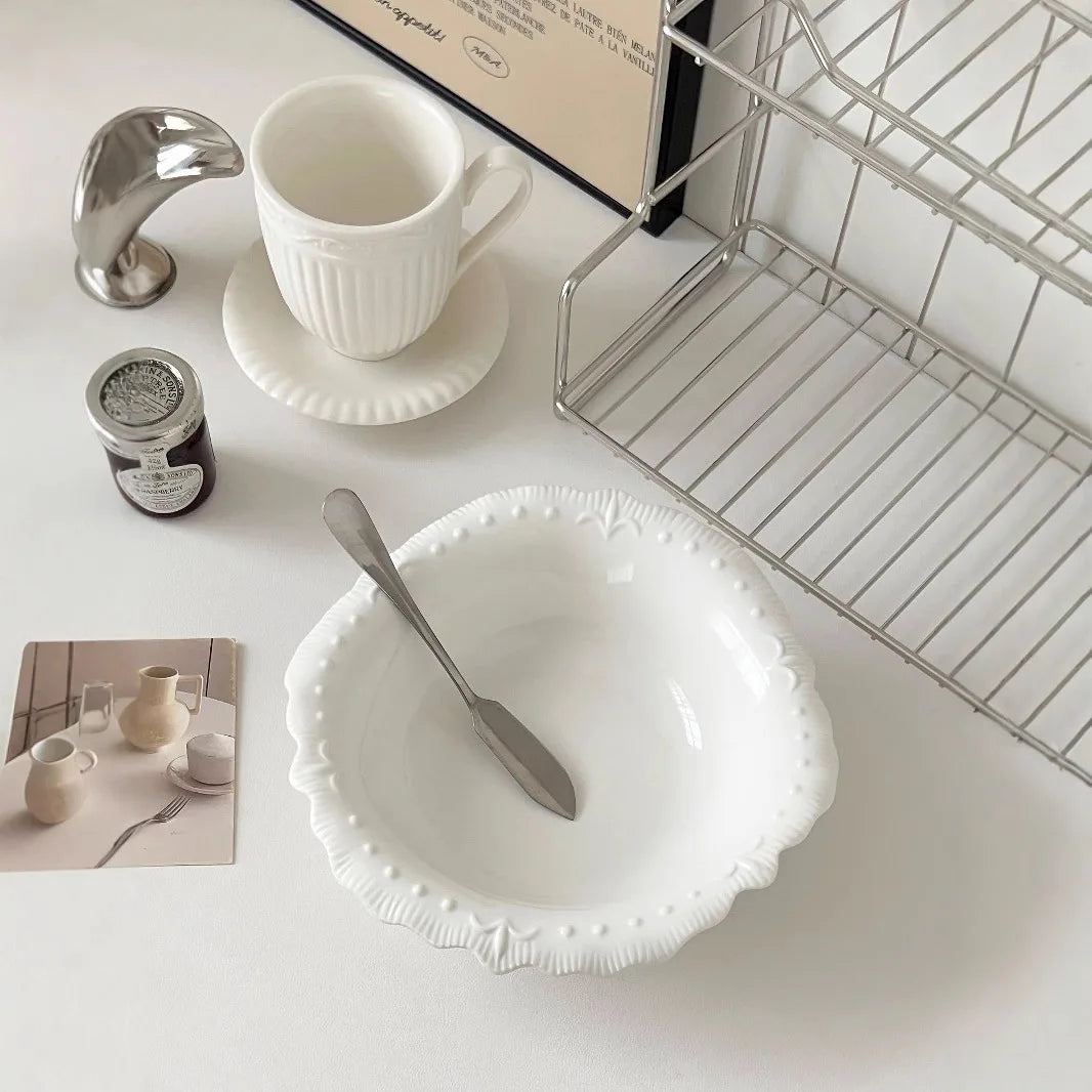 French Style Embossed Lace Ceramic Bowl Household Solid Color Round Simple Fruit Bowl Western Restaurant Salad Tablewares