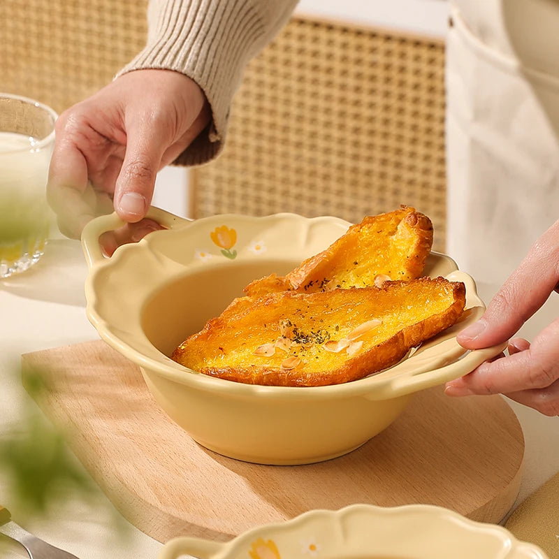 French Style 8.5-Inch Spaghetti Ceramic Bowl – Daily Use Cute Solid Color Bowl with Flower Pattern, Ideal for Restaurant, Fruit, and Breakfast Tableware