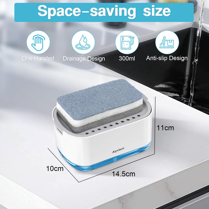 Alyvisun 300ml Soap Dispenser with Sponge Holder, 2-in-1 Dish Soap Dispenser, One-Handed Operation, Grey(Pack of 1)