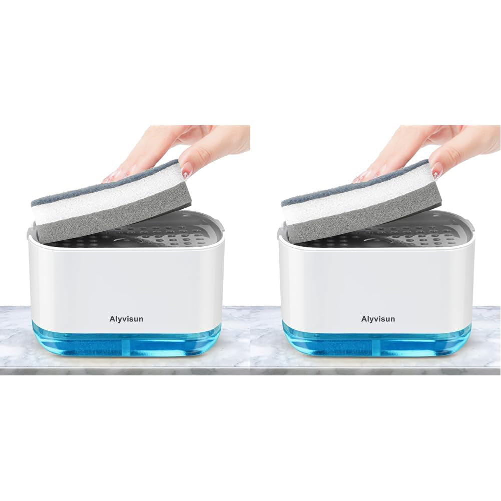 Alyvisun 300ml Soap Dispenser with Sponge Holder, 2-in-1 Dish Soap Dispenser, One-Handed Operation, Grey(Pack of 2)