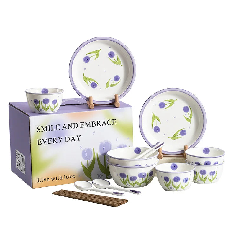Tulip Nordic Style Tableware Set Printed Ceramic Bowl and Dish Gift Box for Four People