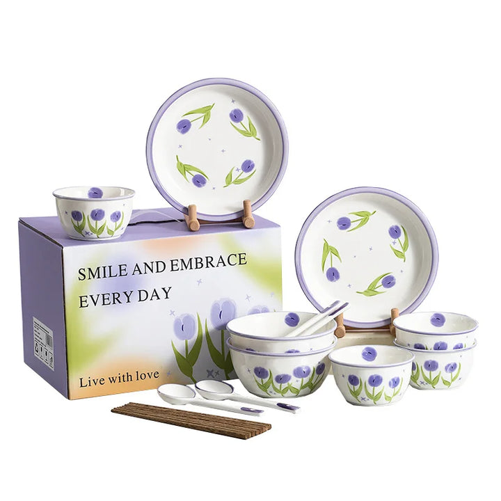 Tulip Nordic Style Tableware Set Printed Ceramic Bowl and Dish Gift Box for Four People