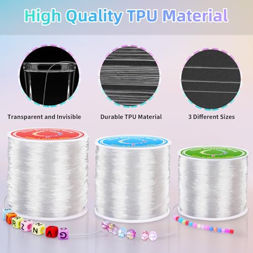Alyvisun 3 Pcs Clear Elastic for Bracelet Making, (0.5mm, 0.8mm & 1mm) Elastic Thread for Bracelets, Bracelet Elastic String For DIY Bracelets, Necklace, Beading, Jewelry Making