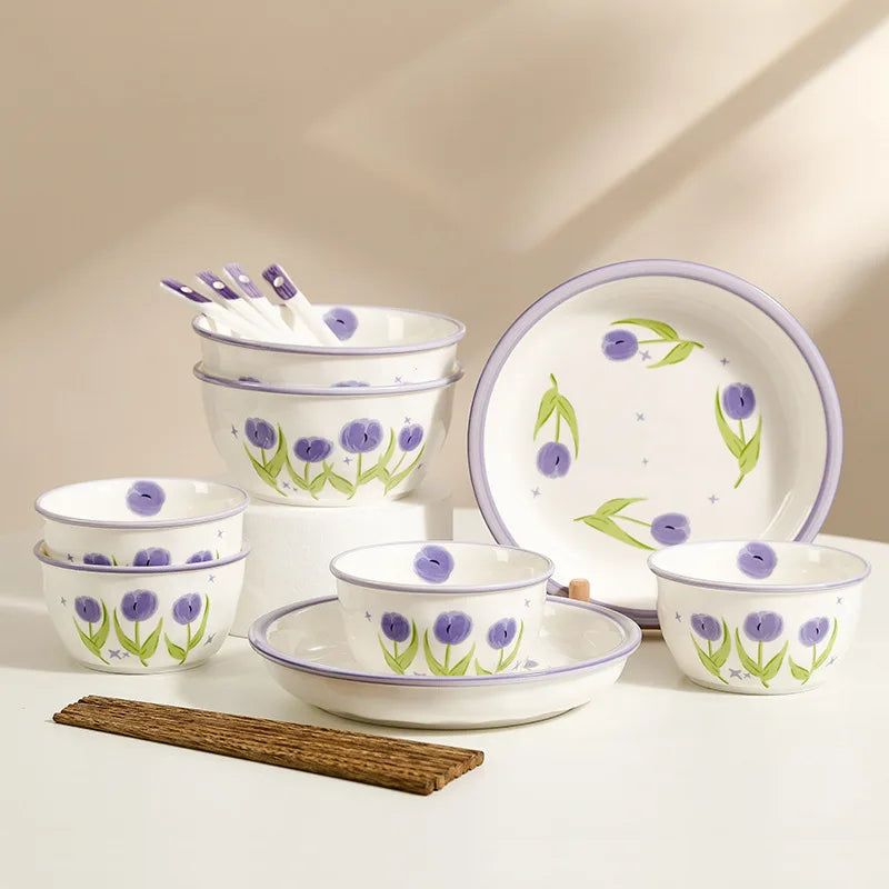 Tulip Nordic Style Tableware Set Printed Ceramic Bowl and Dish Gift Box for Four People