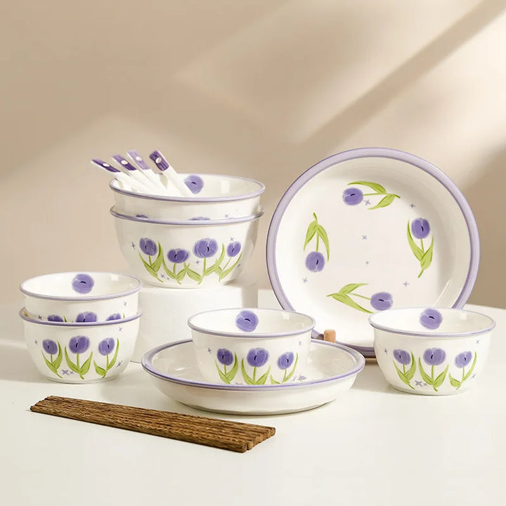 Tulip Nordic Style Tableware Set Printed Ceramic Bowl and Dish Gift Box for Four People