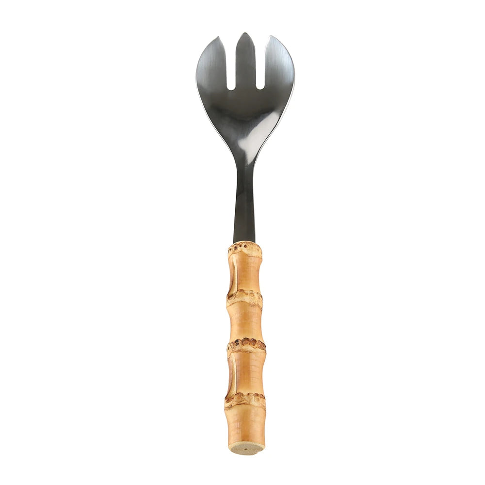Kitchenware Tableware Cutlery Stainless Steel Wood Bamboo Root Handle Food Serving Salad Spork Server Fork Spoon