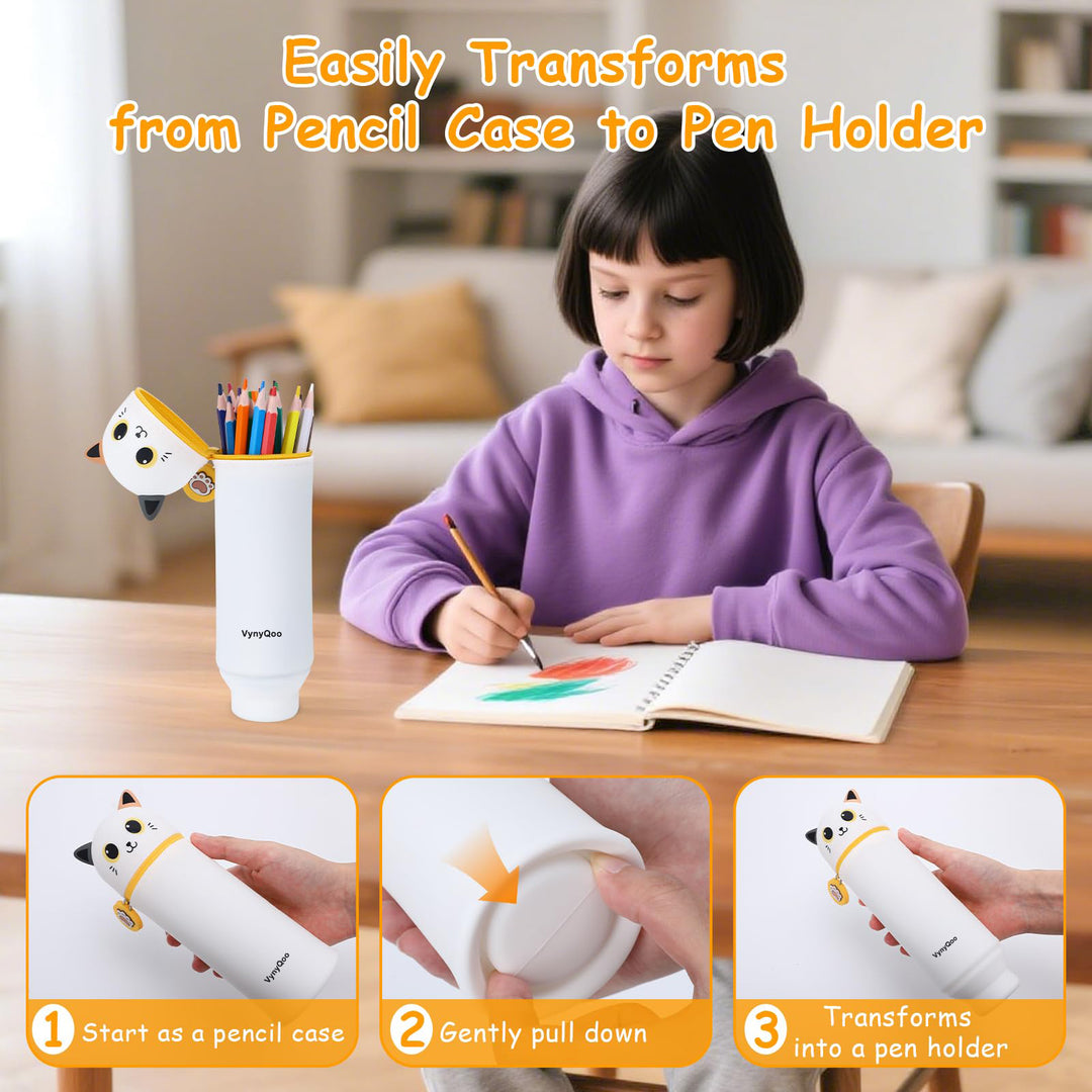 VynyQoo Pencil Case Kawaii Silicone, Pencilcase Expandable 2 in 1, Cute Pen Case, Zippered Pen Pouch for Kids, Desk Table Pen Holder Multifunctional, White cat