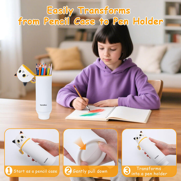 VynyQoo Pencil Case Kawaii Silicone, Pencilcase Expandable 2 in 1, Cute Pen Case, Zippered Pen Pouch for Kids, Desk Table Pen Holder Multifunctional, White cat