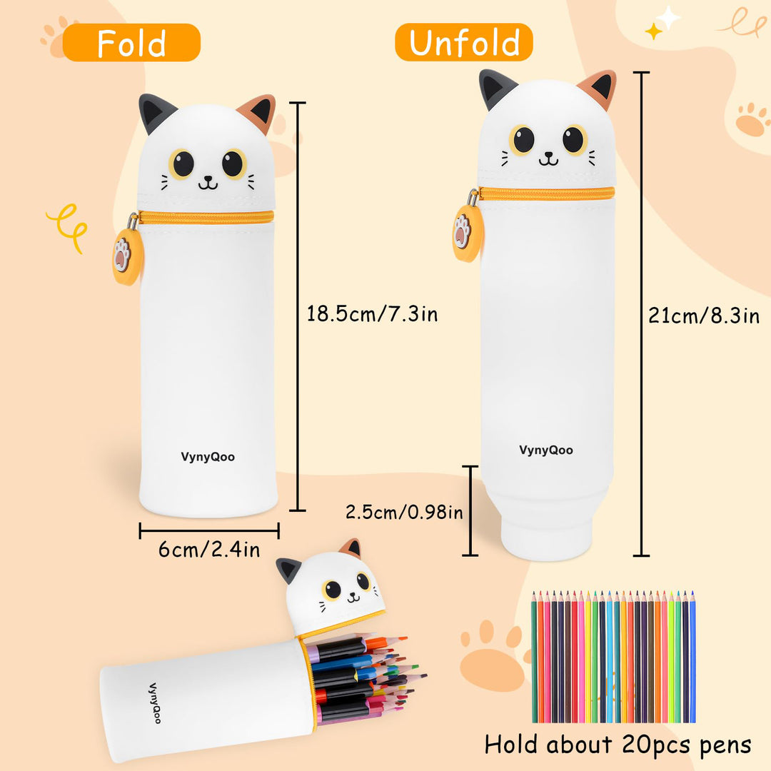 VynyQoo Pencil Case Kawaii Silicone, Pencilcase Expandable 2 in 1, Cute Pen Case, Zippered Pen Pouch for Kids, Desk Table Pen Holder Multifunctional, White cat