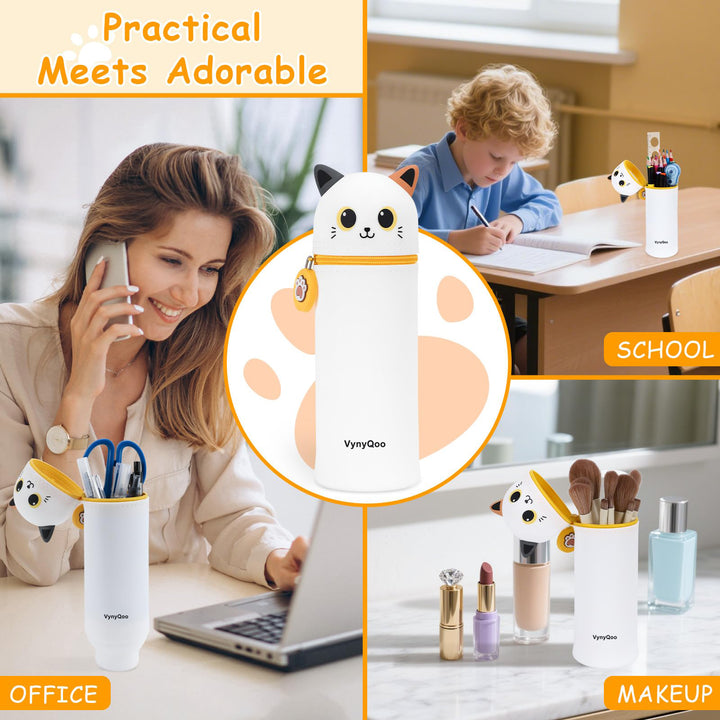 VynyQoo Pencil Case Kawaii Silicone, Pencilcase Expandable 2 in 1, Cute Pen Case, Zippered Pen Pouch for Kids, Desk Table Pen Holder Multifunctional, White cat