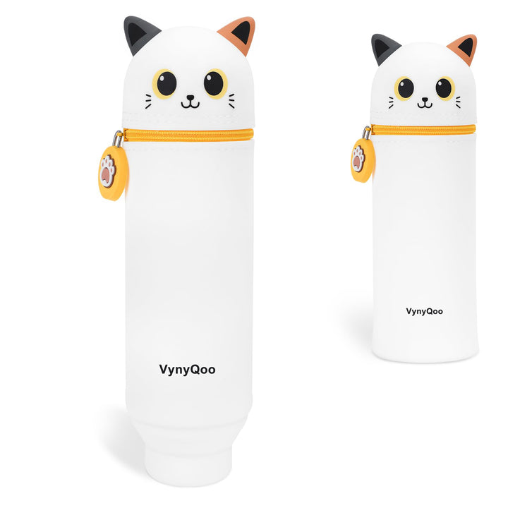 VynyQoo Pencil Case Kawaii Silicone, Pencilcase Expandable 2 in 1, Cute Pen Case, Zippered Pen Pouch for Kids, Desk Table Pen Holder Multifunctional, White cat