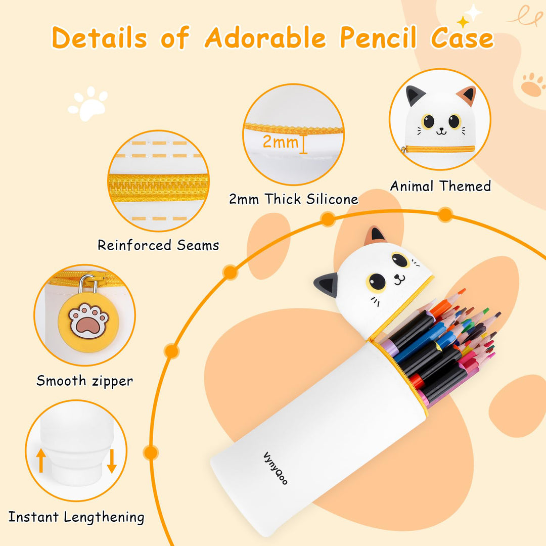 VynyQoo Pencil Case Kawaii Silicone, Pencilcase Expandable 2 in 1, Cute Pen Case, Zippered Pen Pouch for Kids, Desk Table Pen Holder Multifunctional, White cat