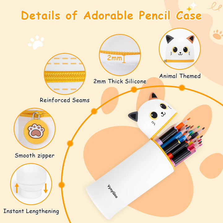VynyQoo Pencil Case Kawaii Silicone, Pencilcase Expandable 2 in 1, Cute Pen Case, Zippered Pen Pouch for Kids, Desk Table Pen Holder Multifunctional, White cat