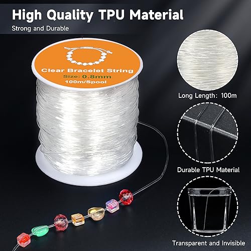 Alyvisun Clear Bracelet String, 2 Rolls 0.5mm, 0.8mm Elastic String for Bracelets, Suitable for DIY Jewellery Making, Necklace,Bracelet, Craft (100m/Spool)